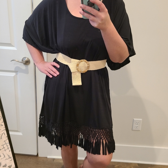 Dotti Black Wide Sleeve Lattice Fringe Hem Dress - Picture 3 of 10